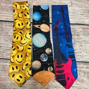 Lot of 3 Ralph Marlin Neckties Smiley Face Solar System Guitars Novelty